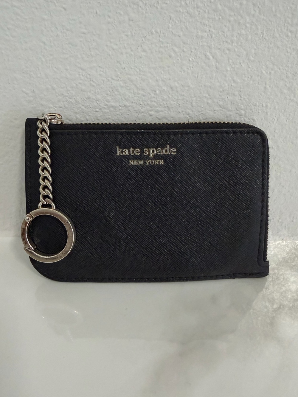 Kate Spade black leather zip card holder with silver key ring